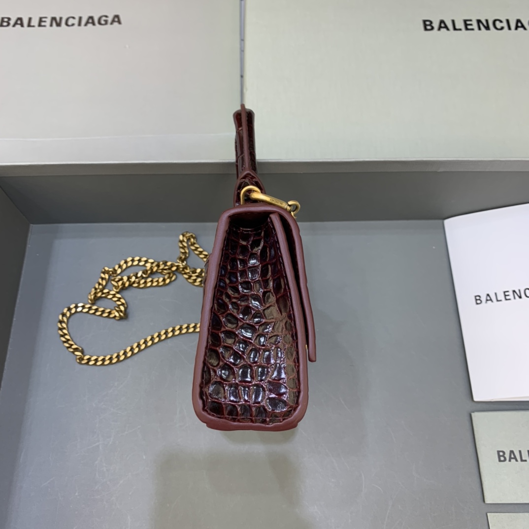 Balenciaga Hourglass Mini Handbag With Chain Crocodile Embossed Shoulder Bag Coffee